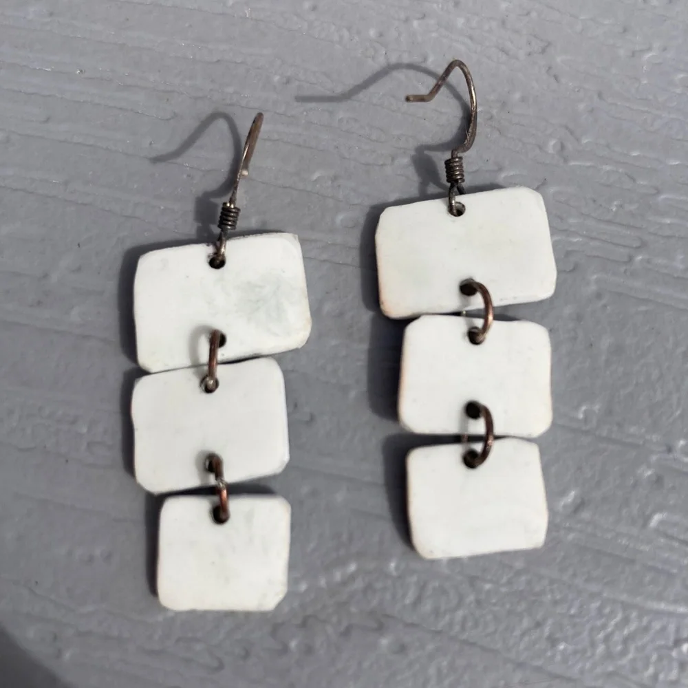 Dangle Earrings black white square articulated paisley design 1.75” long